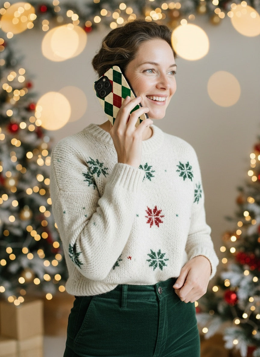 Model talking on phone with case Telefono dėklas - Grandpa's Sweater