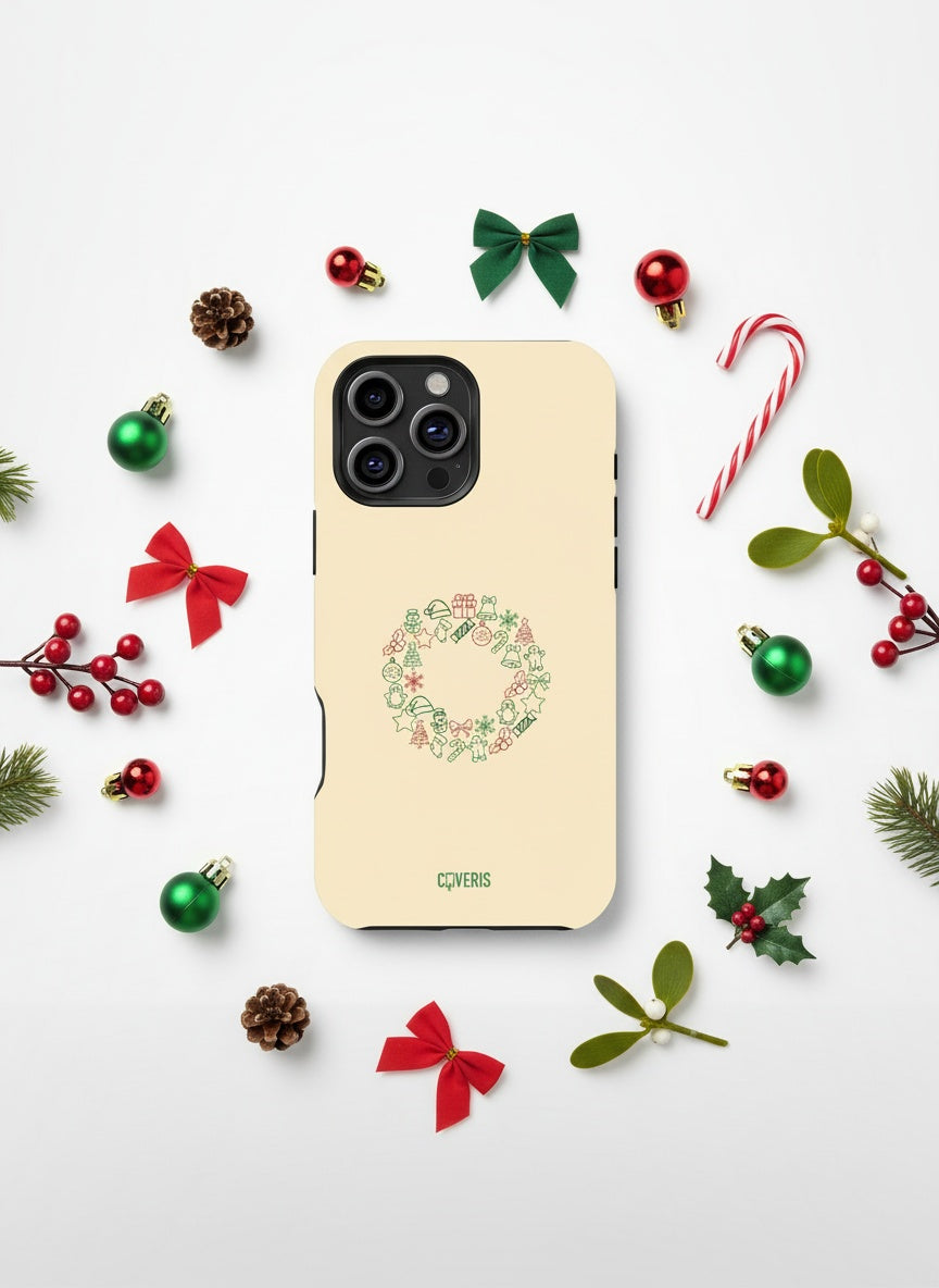 Flat lay composition of phone case Telefono dėklas - Christmas wreath